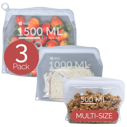 Reusable Silicone Bags (3 Pack Multi-Size) | 1 Snack 1 Sandwich 1 Gallon - Clear | Silicone Bags for Food Storage | Reusable Food Storage Bags for Food Meal Prep | Dishwasher/Freezer Safe